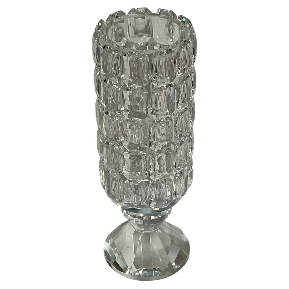 Vintage Faceted Crystal Footed Vase approx 9 Inches Tall